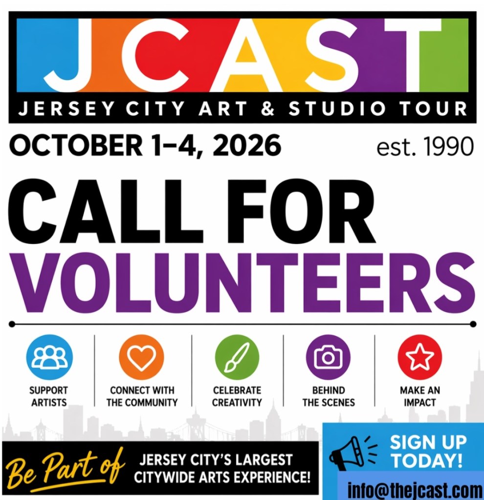 Announcement for Jersey City Art & Studio Tour (JCAST) taking place from October 1-4, 2026, with a call for volunteers to support artists and engage with the community.