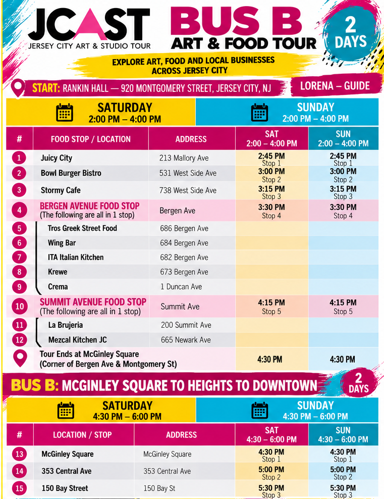 Infographic detailing the Jersey City Art and Food Tour schedule, showing various food stops, their addresses, and timings for Saturday and Sunday.