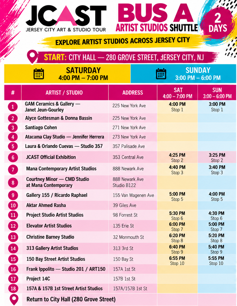 Schedule and details for the JCAST Artist Studios Shuttle in Jersey City, NJ, featuring stops at various artist studios on Saturday and Sunday.