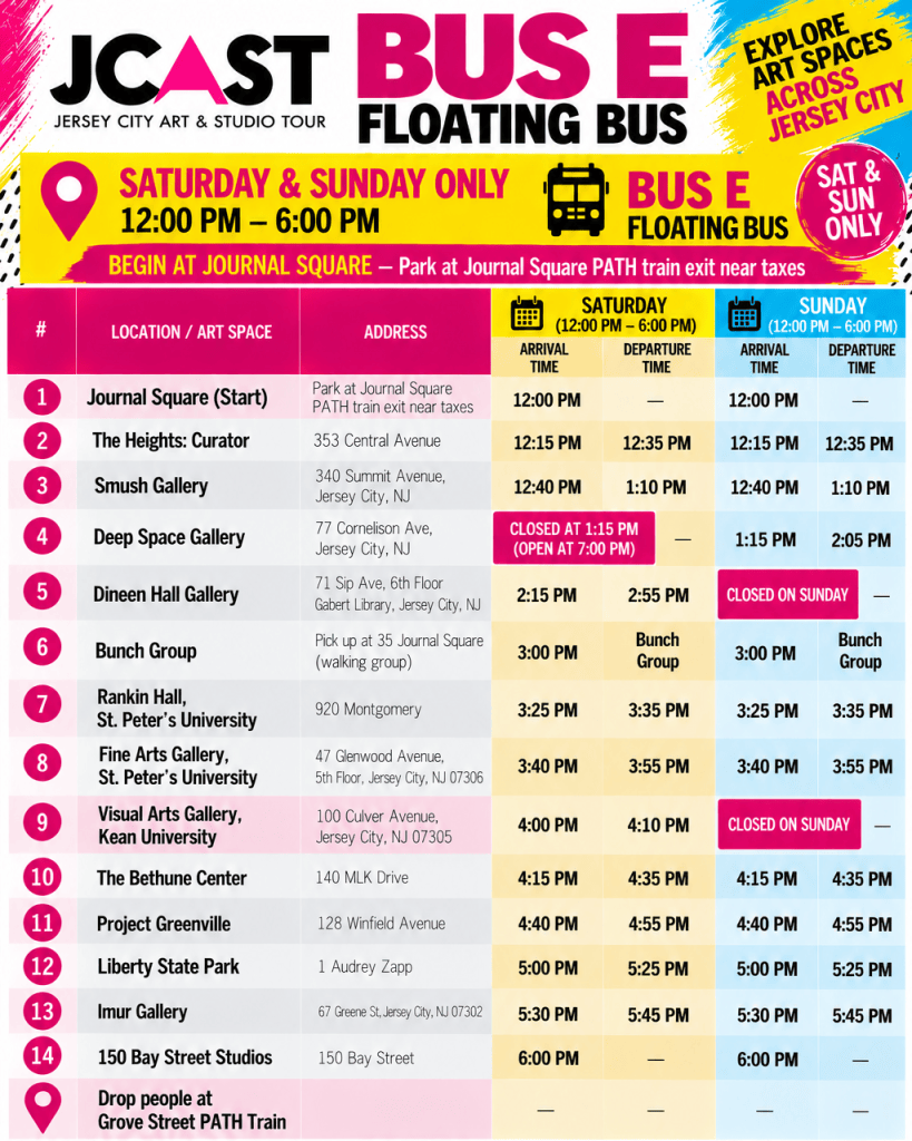 Schedule for the Jersey City Art & Studio Tour floating bus E, showing locations, addresses, and arrival/departure times for Saturday and Sunday.