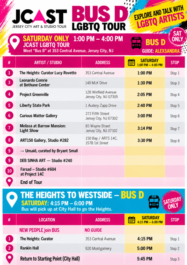 Schedule for the JCAST LGBTQ Tour, featuring Bus D with various artist studios and locations in Jersey City, NJ, including times and addresses for each stop.